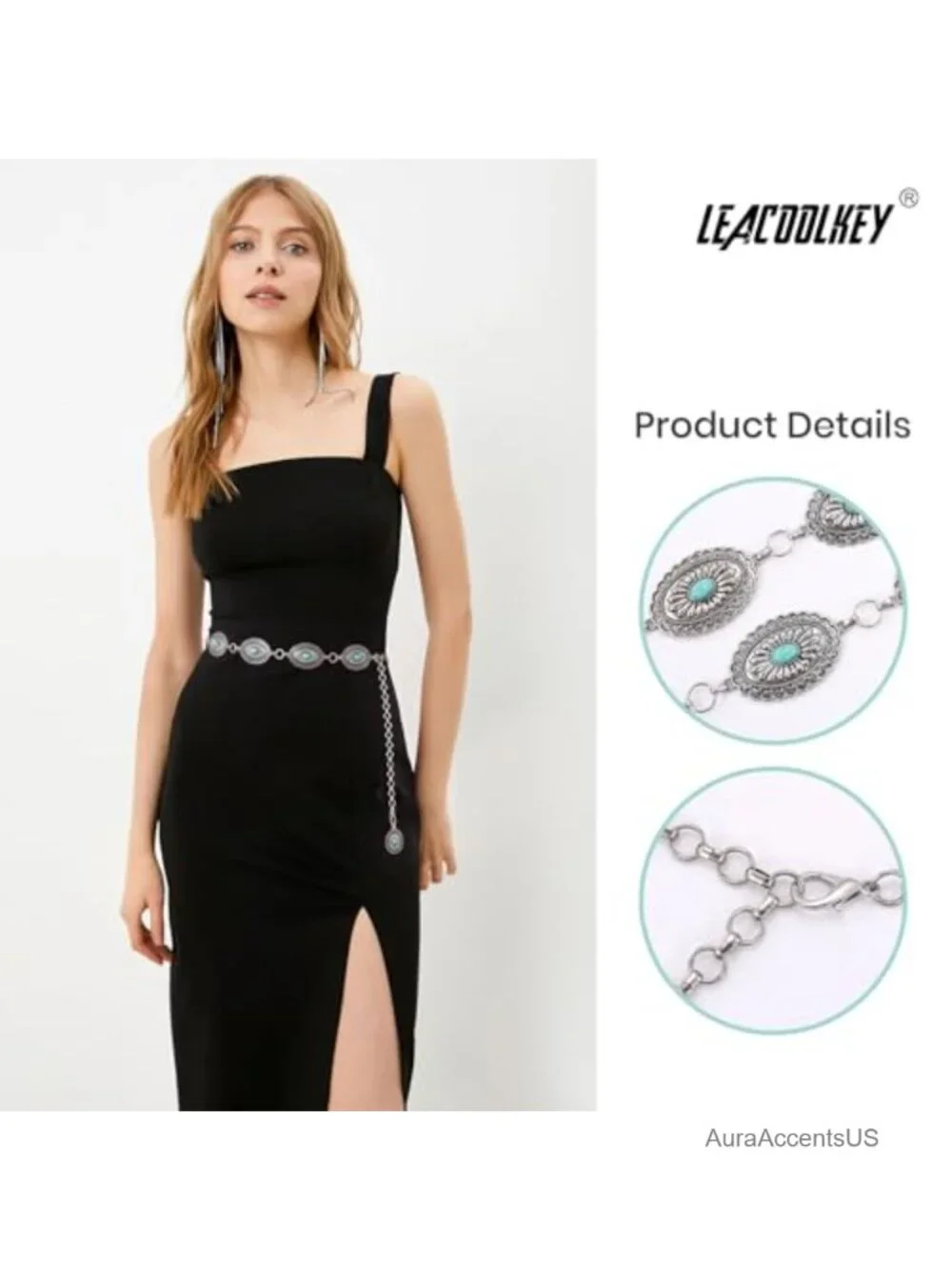 Women's Turquoise Concho Chain Waist Belt Silver Metal Alloy Adjustable Western